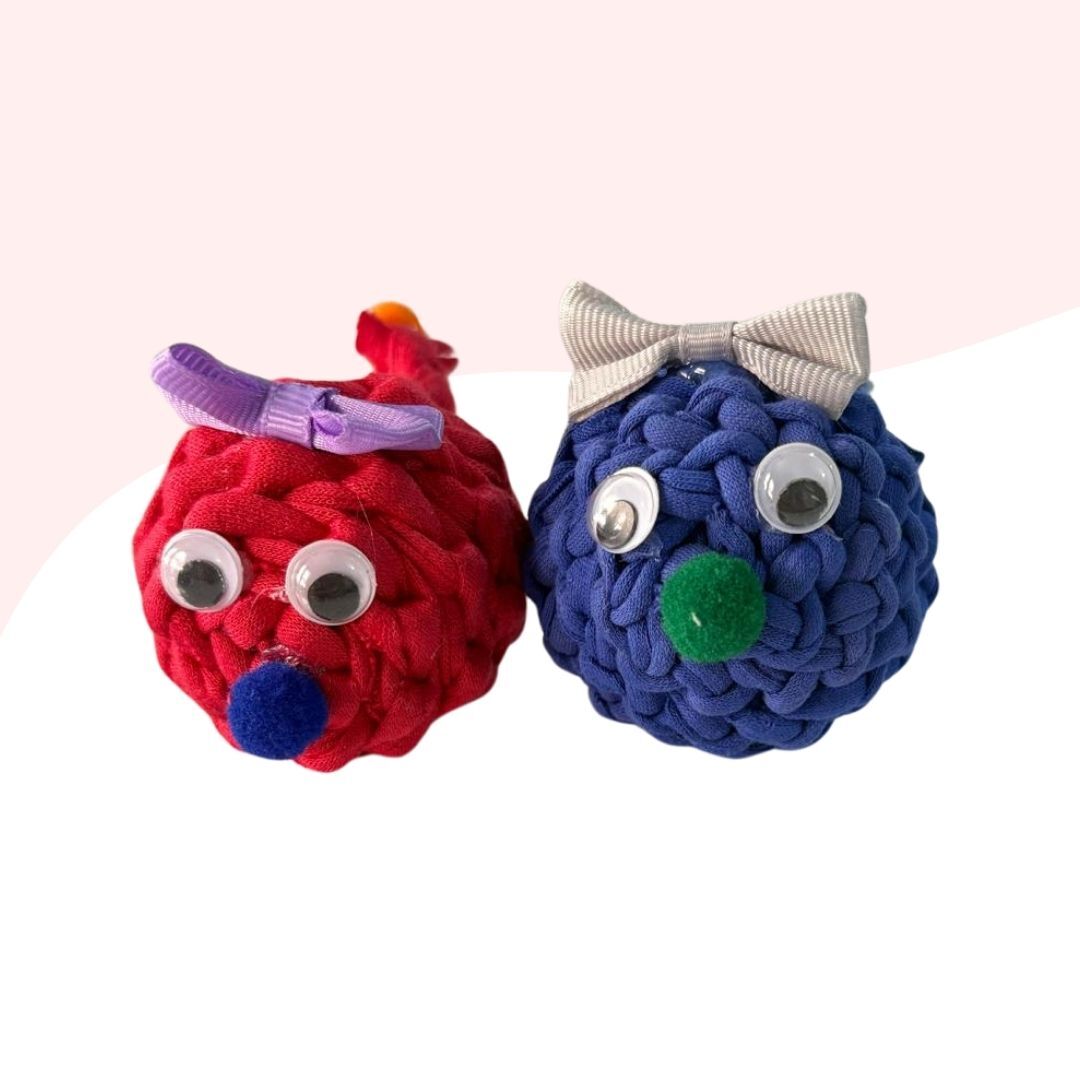 2Li Çıngıraklı Örme Kedi Oyuncağı 9Cm Kırmızı-Mavi