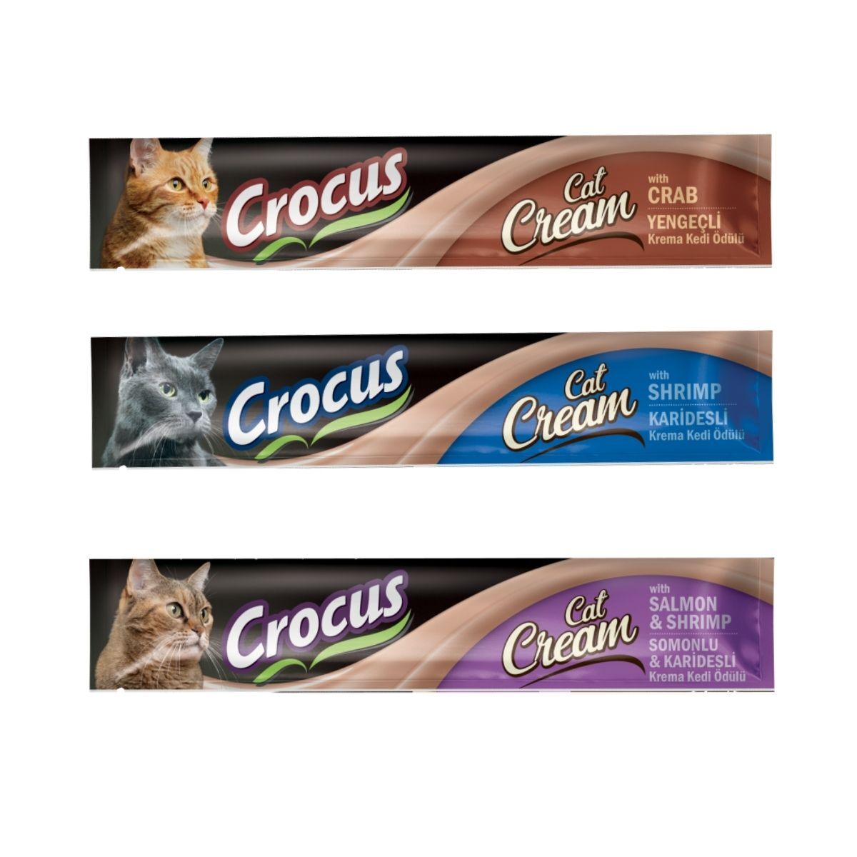 Crocus Kediler İçin Premium Krema Ödül Yengeç-Karides-Somon Aromalı 3 x15Gr